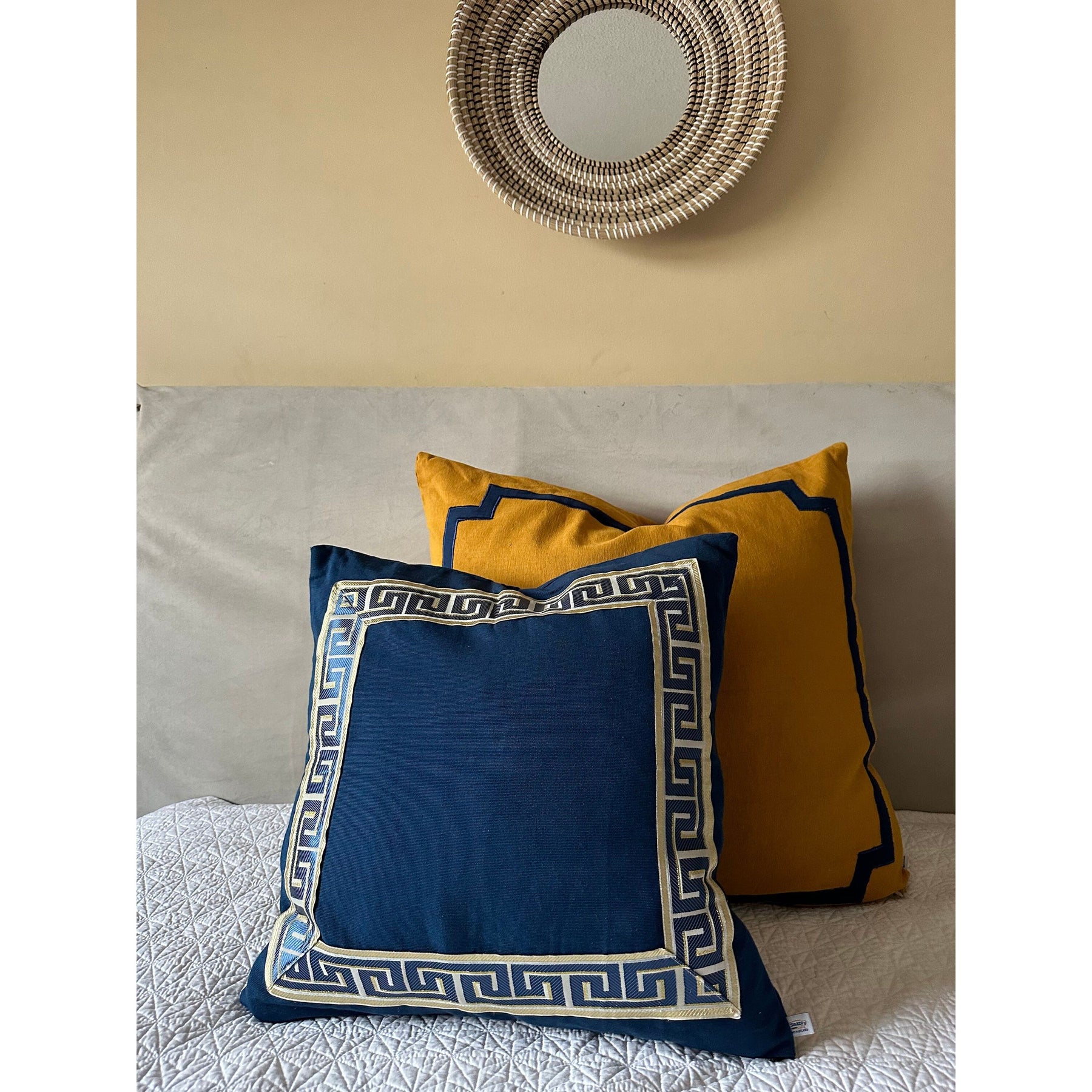 Navy Blue Greek Key Throw Pillow Covers, Greek Key Geometric Trim