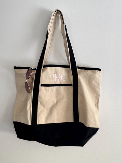 Monogram Canvas Tote Bag with Pockets Personalized Reusable Travel Bag Embroidered Beach Tote Eco-Friendly Gift for Her, Work or Gym Bag