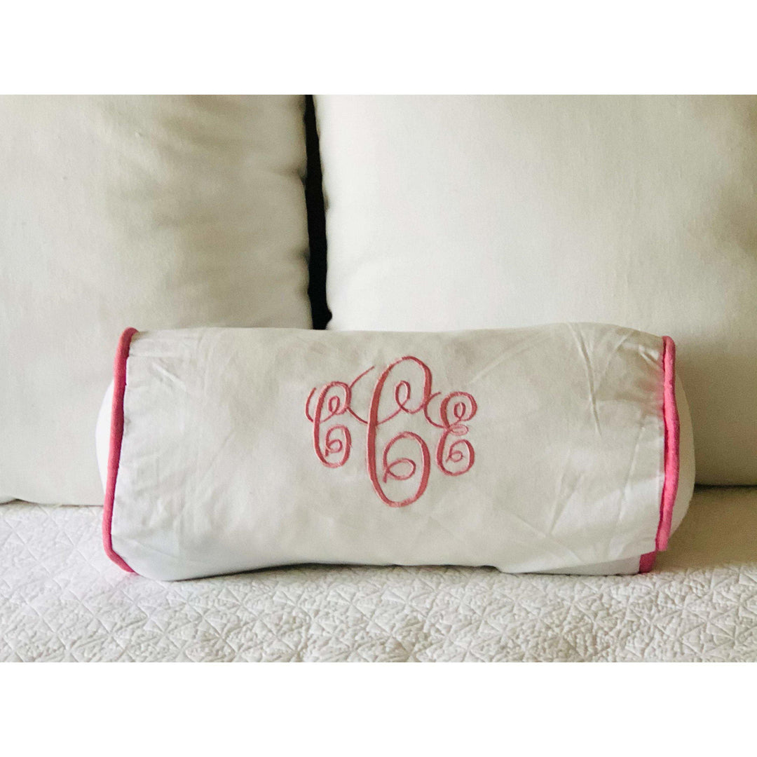 White Bolster Monogrammed Pillow Cover with Piping